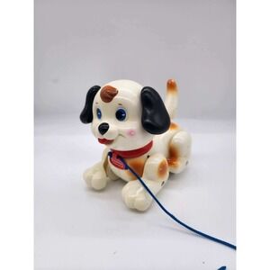 Fisher Price Pull Along Puppy Dog Toy White Brown Spots Black Ears Blue Cord